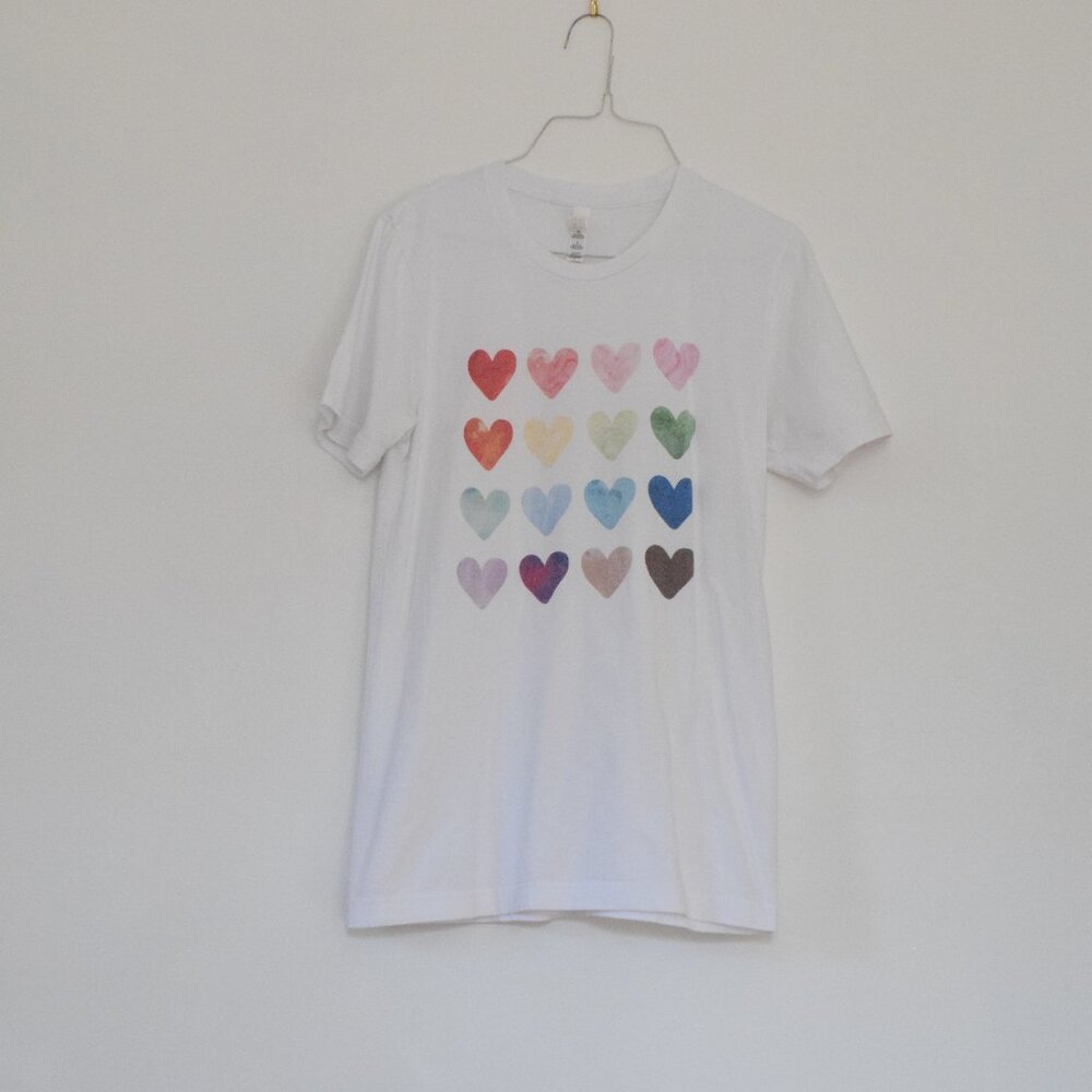 BELLA + CANVAS Rainbow Watercolor Hearts White Cotton T-Shirt | Size S